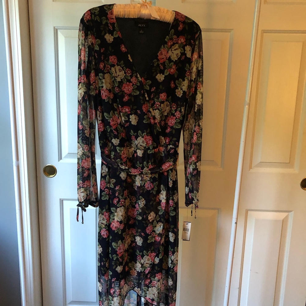 Alyx Black Floral Wrap Midi Dress with Pink and Green Blooms